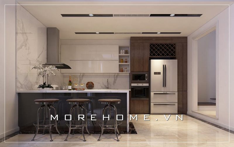 Tủ bếp gỗ công nghiệp màu trắng với thiết kế chữ i hiện đại sẽ làm nên sự đẹp cho phòng bếp của bạn.